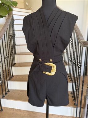 Commense Black Sleeveless Romper with Gold Statement Buckle (medium)